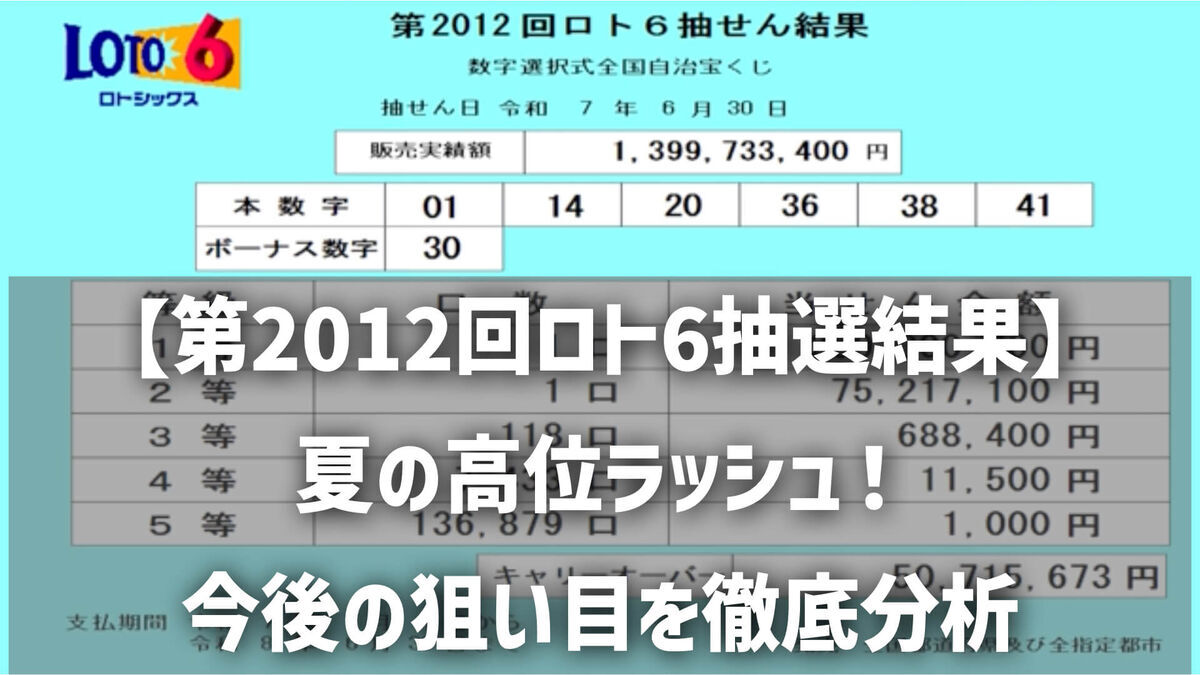 【第2012回ロト6抽選結果】 夏の高位ラッシュ！ 今後の狙い目を徹底分析