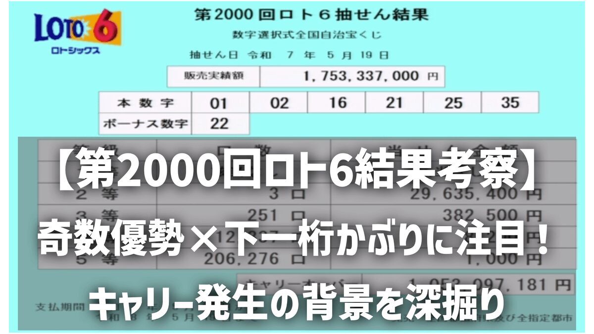 【第2000回ロト6結果考察】奇数優勢×下一桁かぶりに注目！キャリー発生の背景を深掘り