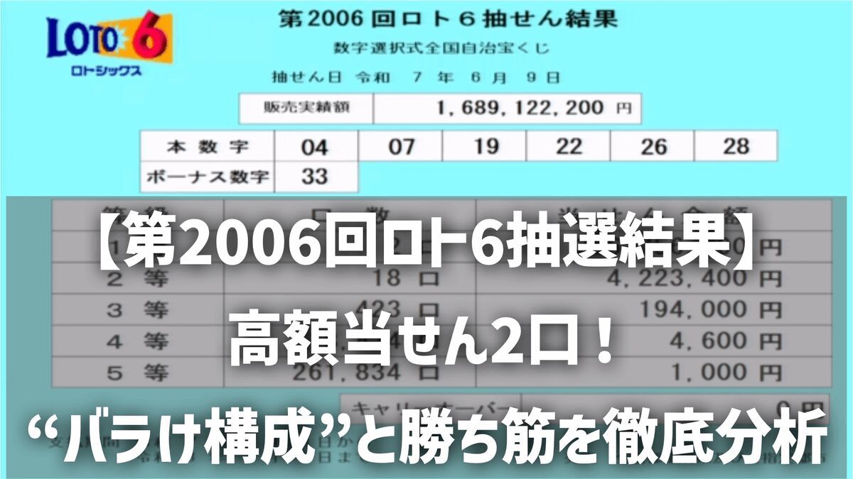 【第2006回ロト6抽選結果】高額当せん2口！偶数4個の“バラけ構成”と勝ち筋を徹底分析