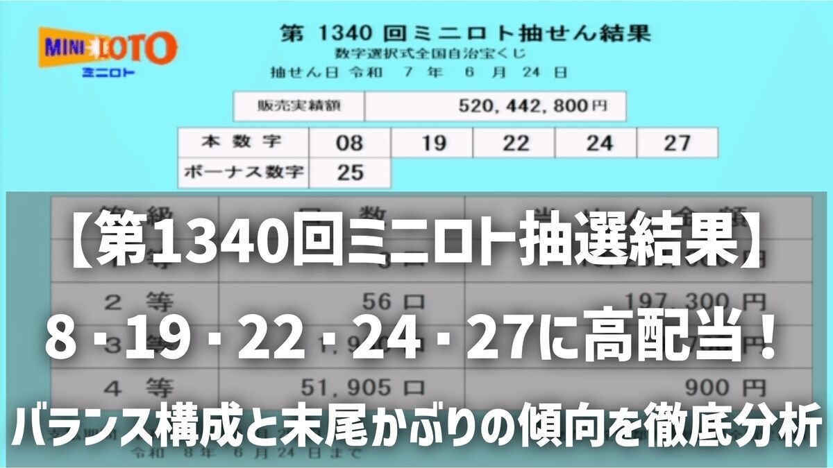 【第1340回ミニロト抽選結果】8・19・22・24・27に高配当！バランス構成と末尾かぶりの傾向を徹底分析