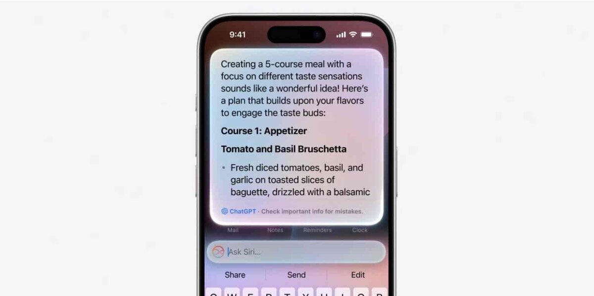 Siriに統合されたChatGPTがレシピ案を表示するiPhoneの画面