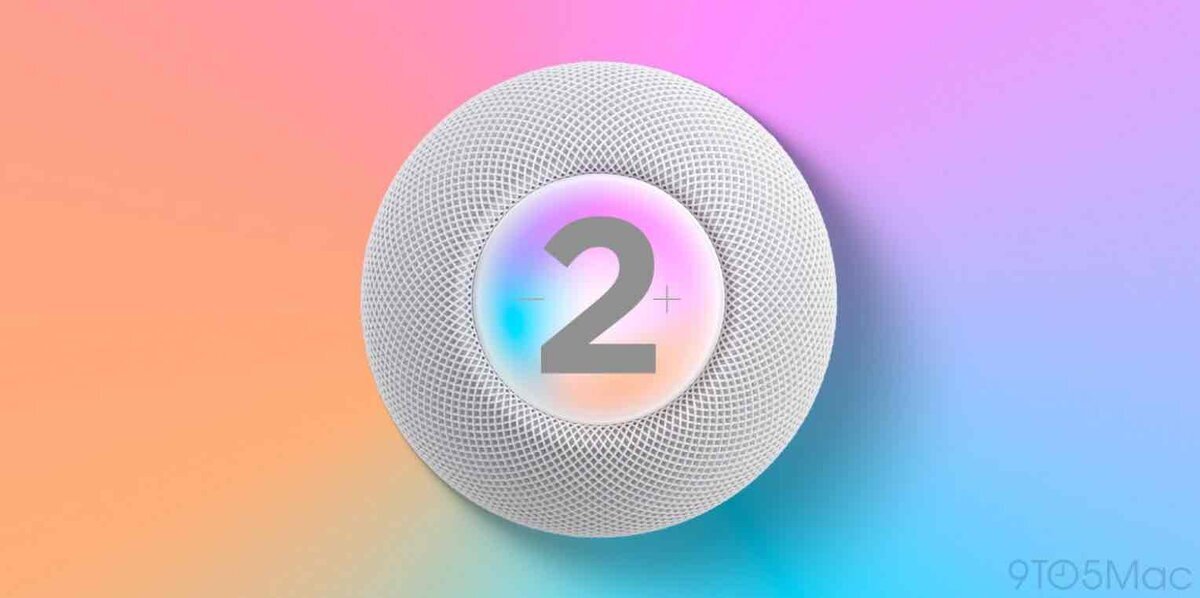 カラフルな背景に浮かぶHomePod miniの上部。中央のタッチパネルには「2」と表示され、次世代モデル（HomePod mini 2）を象徴するデザインイメージ