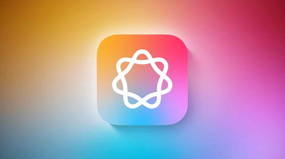 Apple Intelligenceのカラフルなアイコン。中心に白い線で描かれた抽象的な星型シンボルがあり、背景はオレンジからブルー、ピンクへと滑らかにグラデーションしている