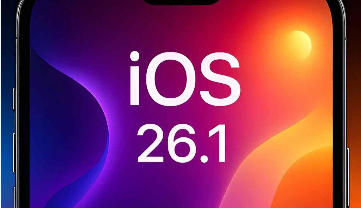 iOS 26.1のロゴが表示されたiPhoneの画面。カラフルなグラデーション背景に白文字で「iOS 26.1」と描かれている。