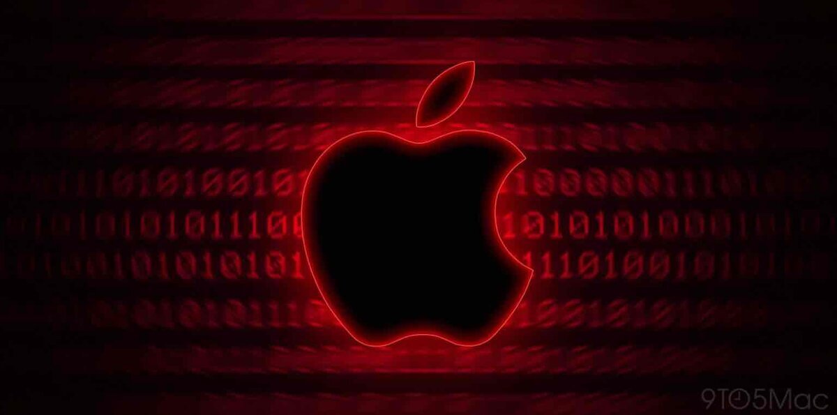 赤い光の中に浮かぶAppleロゴ。背景には0と1の数字が流れ、サイバーセキュリティやデータ漏えいをイメージさせるデジタルなデザイン。