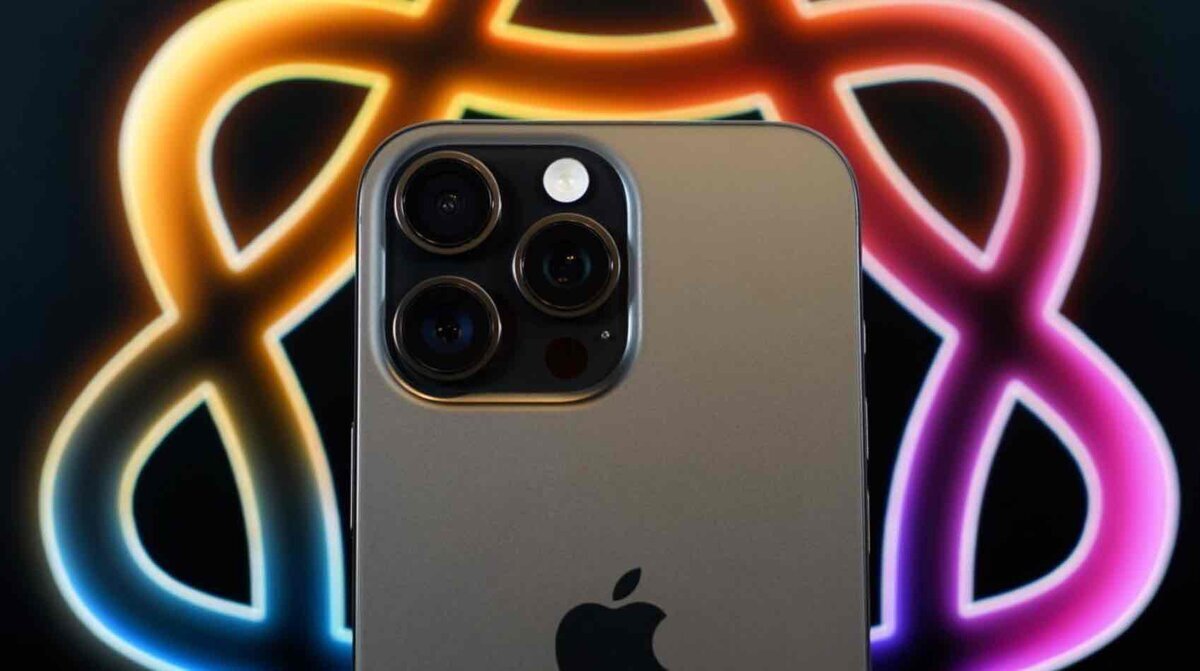 iPhoneの背面カメラをクローズアップ。背景には8の字に光るネオンがぼけて映り、AI時代のiPhoneを象徴するようなグラデーションが広がっている。