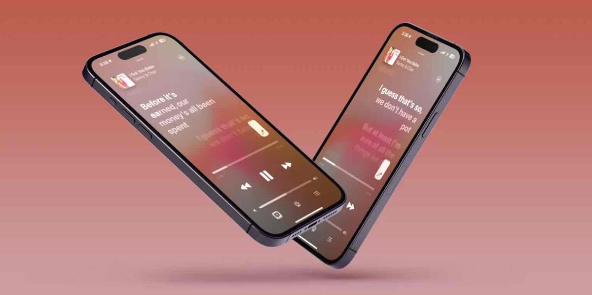 暖色のグラデーション背景に、V字に向かい合う2台のiPhoneが浮かび、Apple Musicのライブ歌詞画面と再生コントロールが表示されている