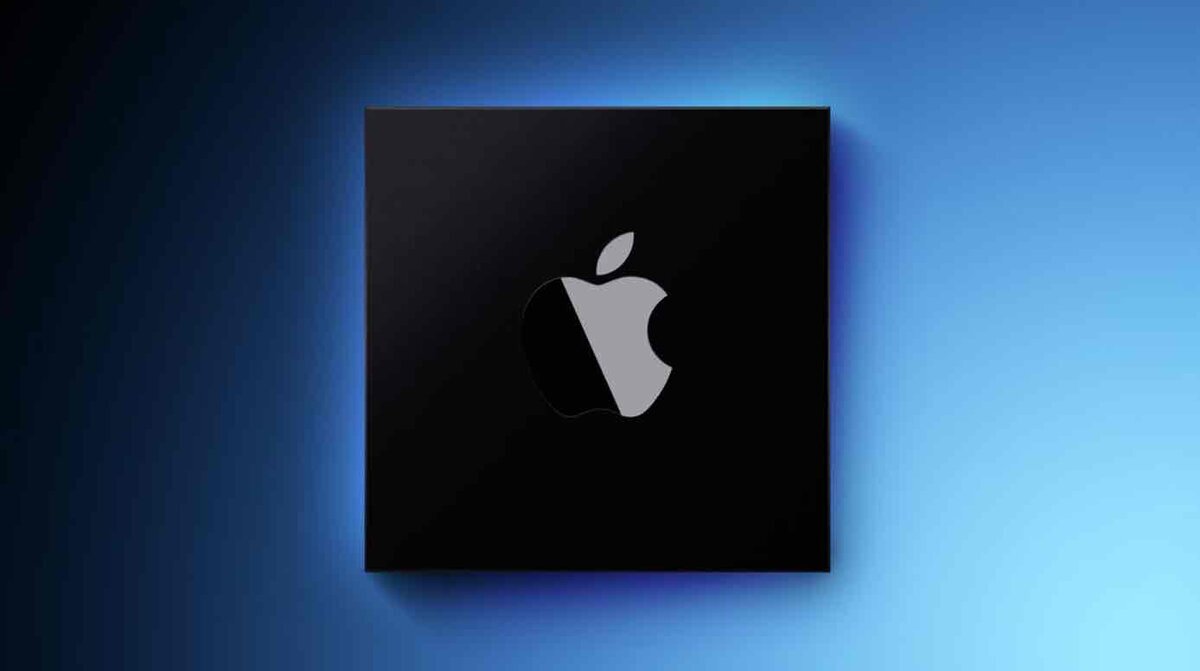 青いグラデーション背景にAppleロゴ入りの黒いチップ(SoC)を描いたイメージ