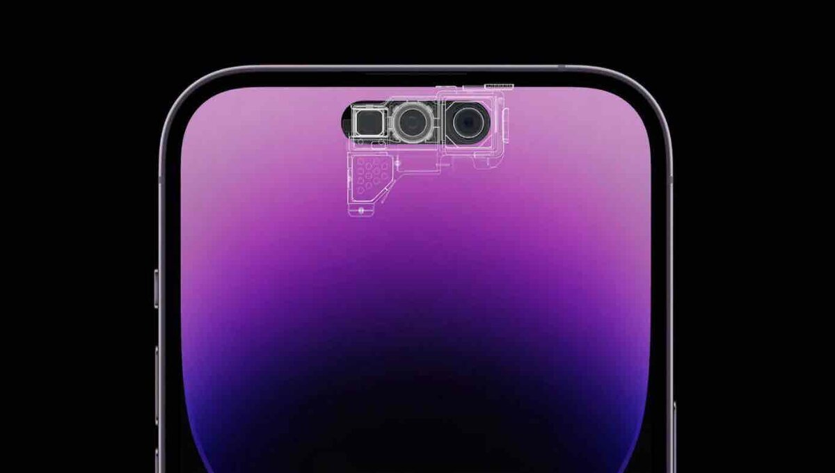iPhoneのディスプレイ上部に配置されたFace ID用センサー群とフロントカメラの配置図（Dynamic Island領域を透過表示したイメージ）