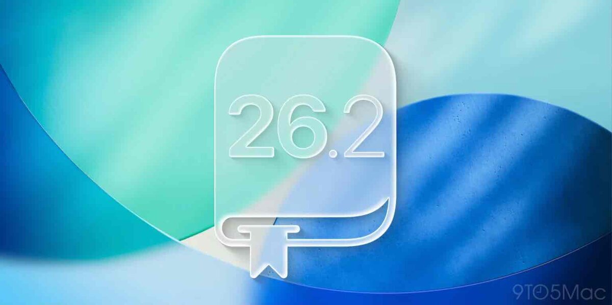 iOS 26.2のロゴを模したイメージ。淡いブルーとグリーンのグラデーション背景に“26.2”の文字が透過で浮かび上がっている
