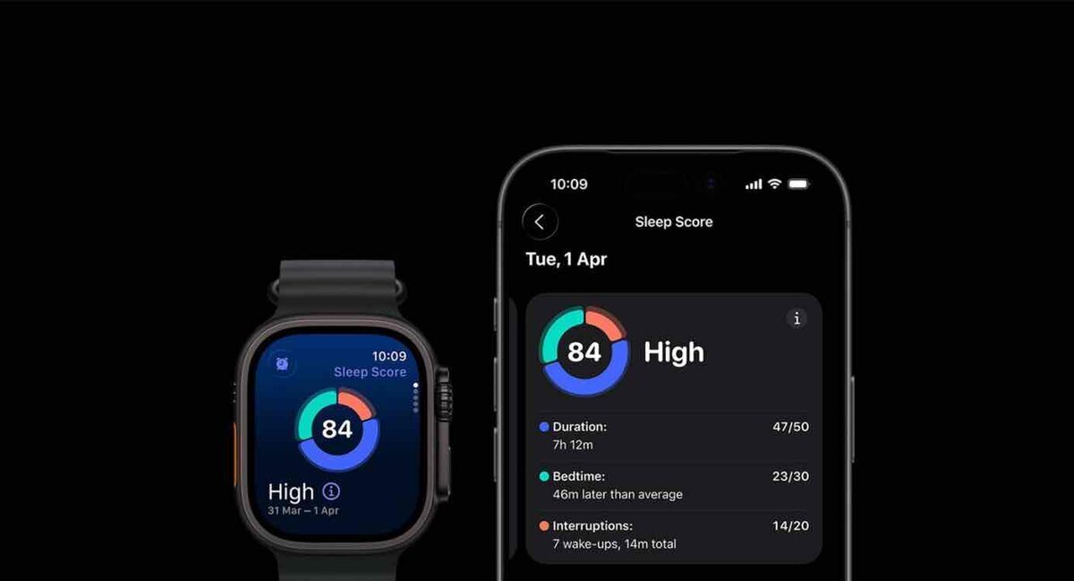 Apple WatchとiPhoneの画面に表示されたスリープスコア。84点で“High(良好)”と示され、睡眠時間や中断回数などの詳細データが確認できる。