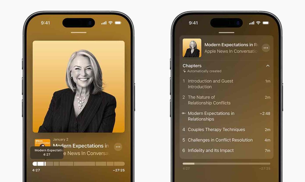 iPhoneの画面に表示されたApple Podcastsアプリ。左は番組の再生画面、右は自動生成されたチャプター一覧が表示されており、エピソード内の各セクションを直接選択できる。
