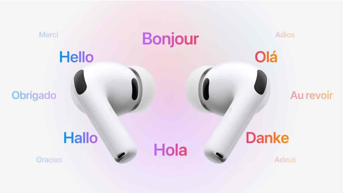 AirPods Proが2つ並び、その周囲に“Hello”“Bonjour”“Hola”“Danke”など多言語の挨拶が浮かんでいる。AirPodsのライブ翻訳機能を象徴するイメージ。