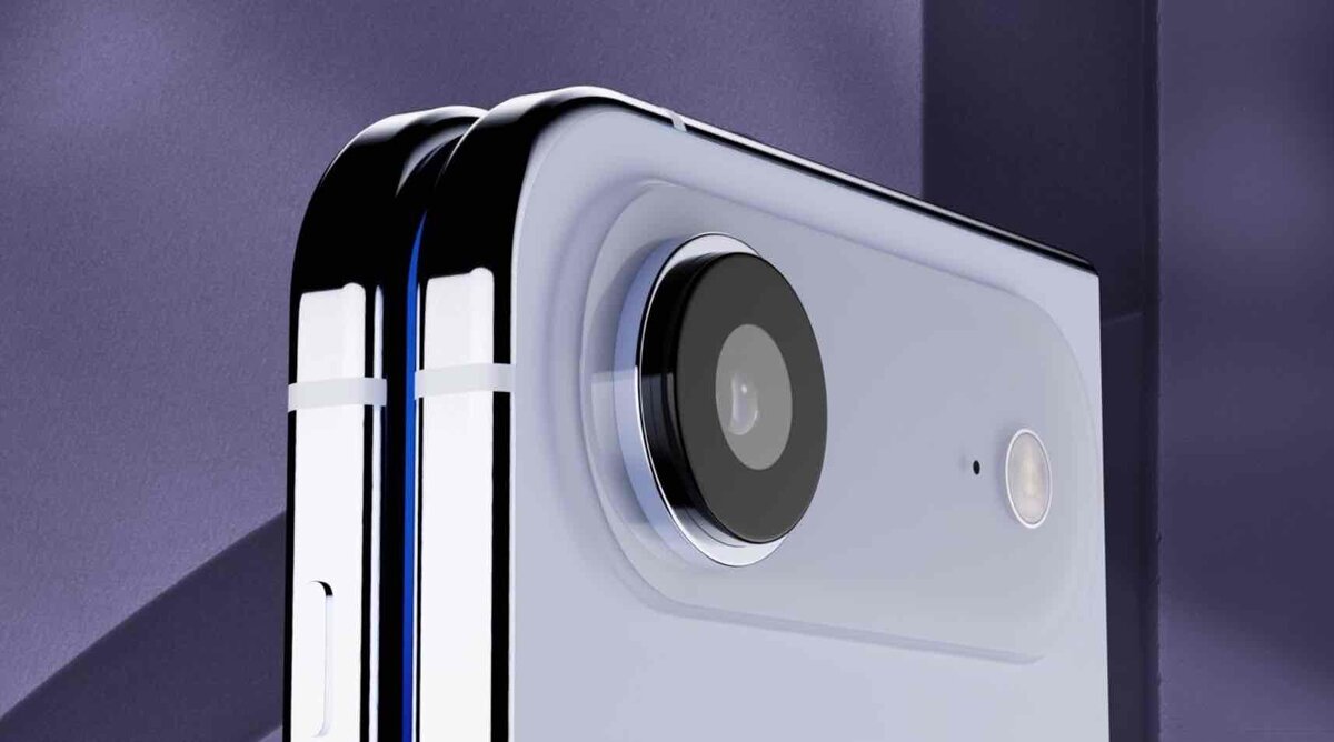 iPhone Fold（仮）の背面デザインをイメージしたCGレンダー。折りたたみ構造のヒンジ部と、単眼カメラモジュールがクローム仕上げのフレームに一体化している様子が映っている