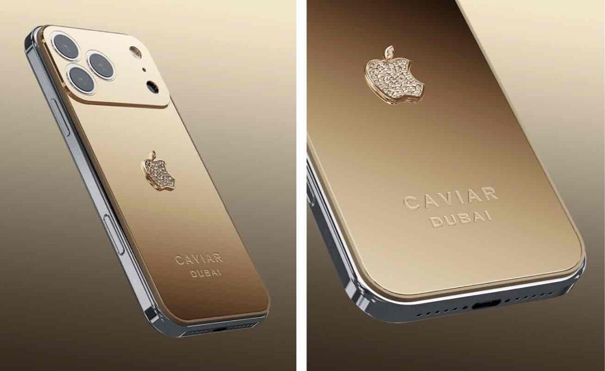 CaviarによるiPhone 17 Pro Solarモデル。背面は鏡面仕上げの金色パネルで、ダイヤを散りばめたAppleロゴと『CAVIAR DUBAI』の刻印が入っている様子