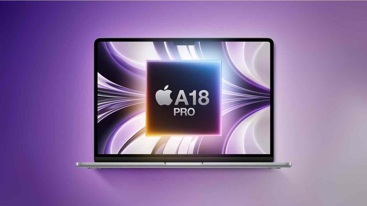 MacBookの画面中央にApple A18 Proチップのアイコンが大きく表示されたイメージビジュアル。紫を基調とした光のエフェクトが放射状に広がる
