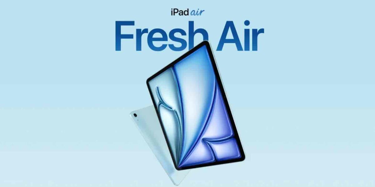 iPad Airのプロモーション画像。淡いブルーの背景に、青系の壁紙を表示したiPad Airが前後に2台並び、『Fresh Air』の文字が大きく配置されている