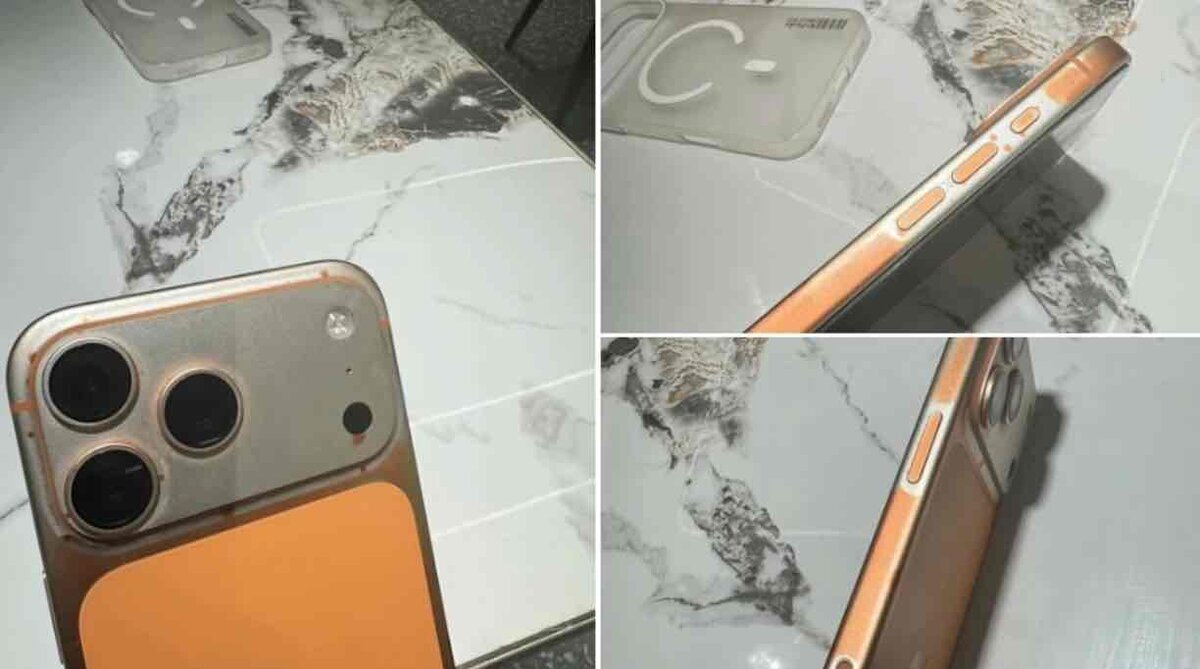 iPhone 17 Pro Max(コズミックオレンジ)の背面と側面の塗装が大きく剥がれている様子。ウェットティッシュで清掃したという投稿とともに、カメラまわりやフレーム部分のオレンジ色の塗装が広範囲で薄れ、下地の金属が露出しているのが確認できる