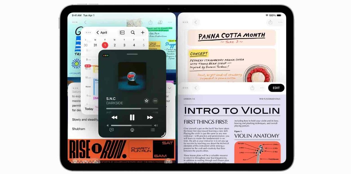 iPadOS 26で複数アプリを同時に並べて使っているiPad画面。Split ViewとSlide Overのウィンドウが重なり合い、メモ・カレンダー・音楽アプリなどが直感的に操作できる様子