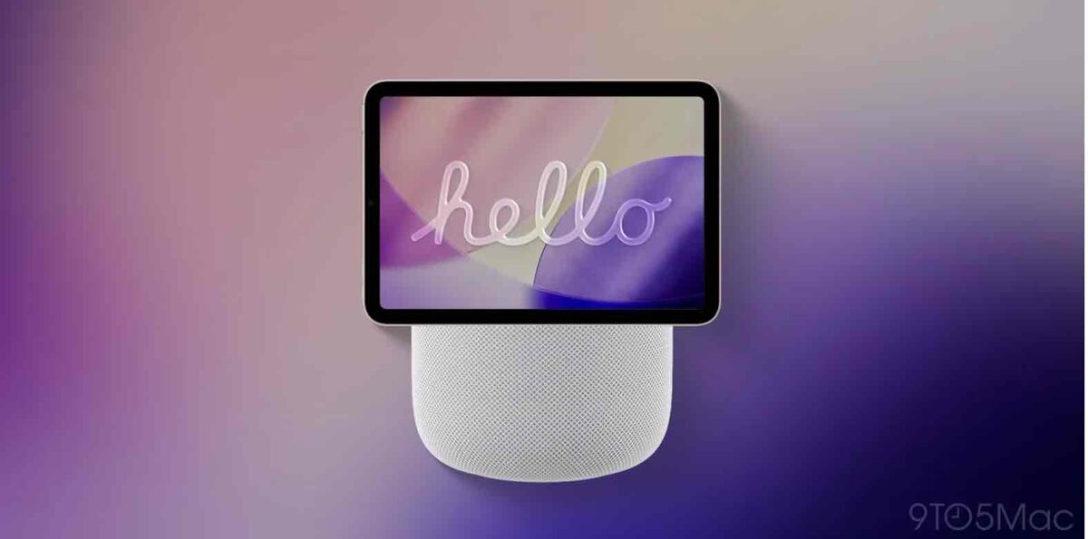 画面付きHomePodを思わせるコンセプト画像。上部に小型ディスプレイが載り「hello」と表示され、下部は丸みのある白いスピーカー本体になっている(9to5Macのレンダー)
