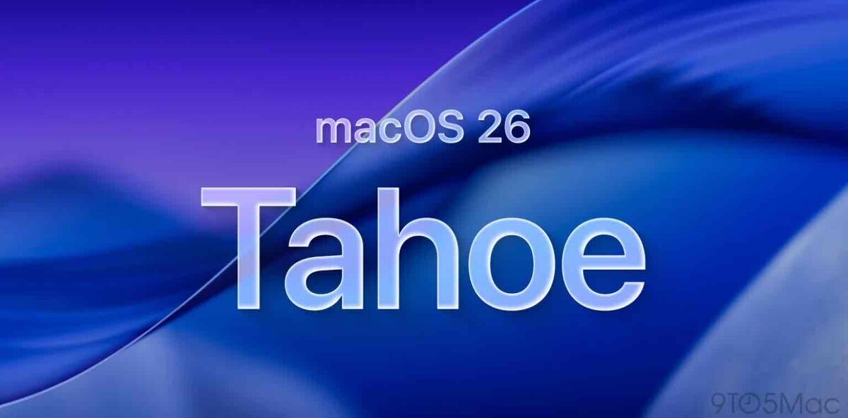 macOS 26 Tahoeのロゴが、青と紫のグラデーション背景に大きく表示されたイメージ