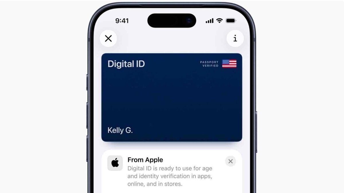 iPhoneの画面にデジタルIDカード（Digital ID）が表示されている様子。画面上部にはDynamic Islandが見え、IDカードには「Kelly G.」という名前と米国国旗の認証マークが表示されている