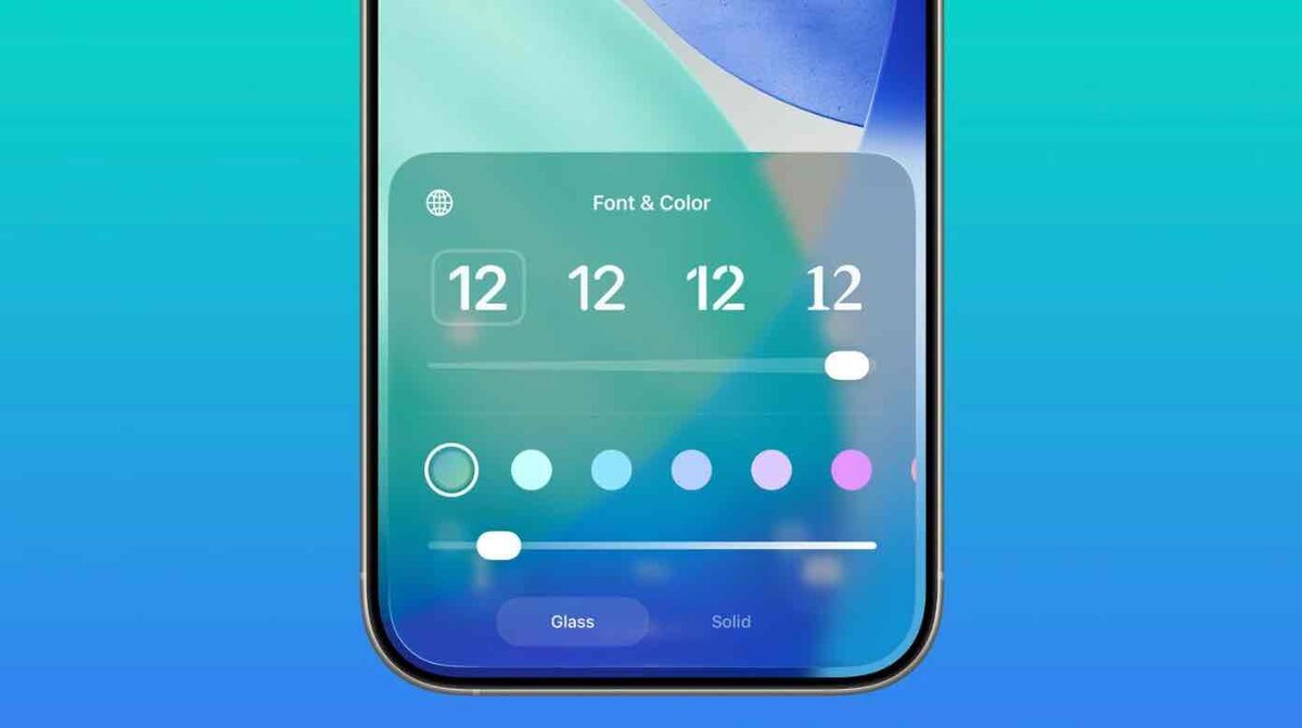 iOS 26.2のロック画面編集でフォント・色・Liquid Glass濃度を調整するUIが表示されているiPhoneの画面。複数のフォントプリセット、カラーパレット、透明度スライダーが並ぶ