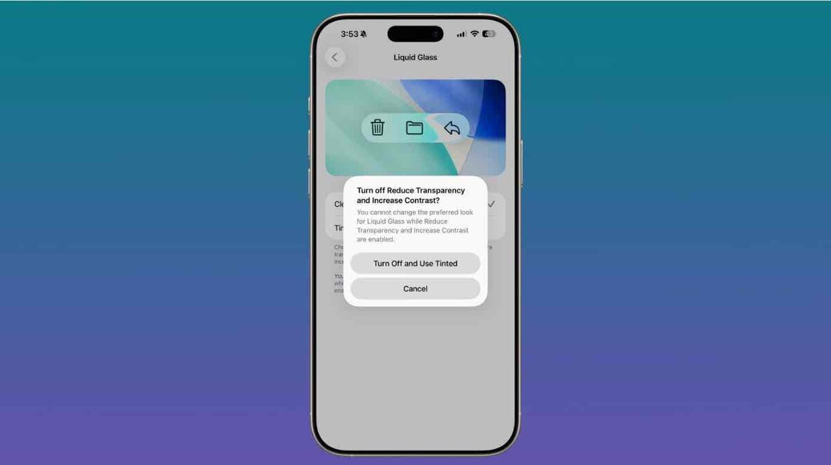 iOS 26.2のLiquid Glass設定で、透明度やコントラスト設定が有効な際に表示される警告ダイアログを示すiPhoneのスクリーン。Tintedモードを使うために設定をオフにする必要があることを通知している