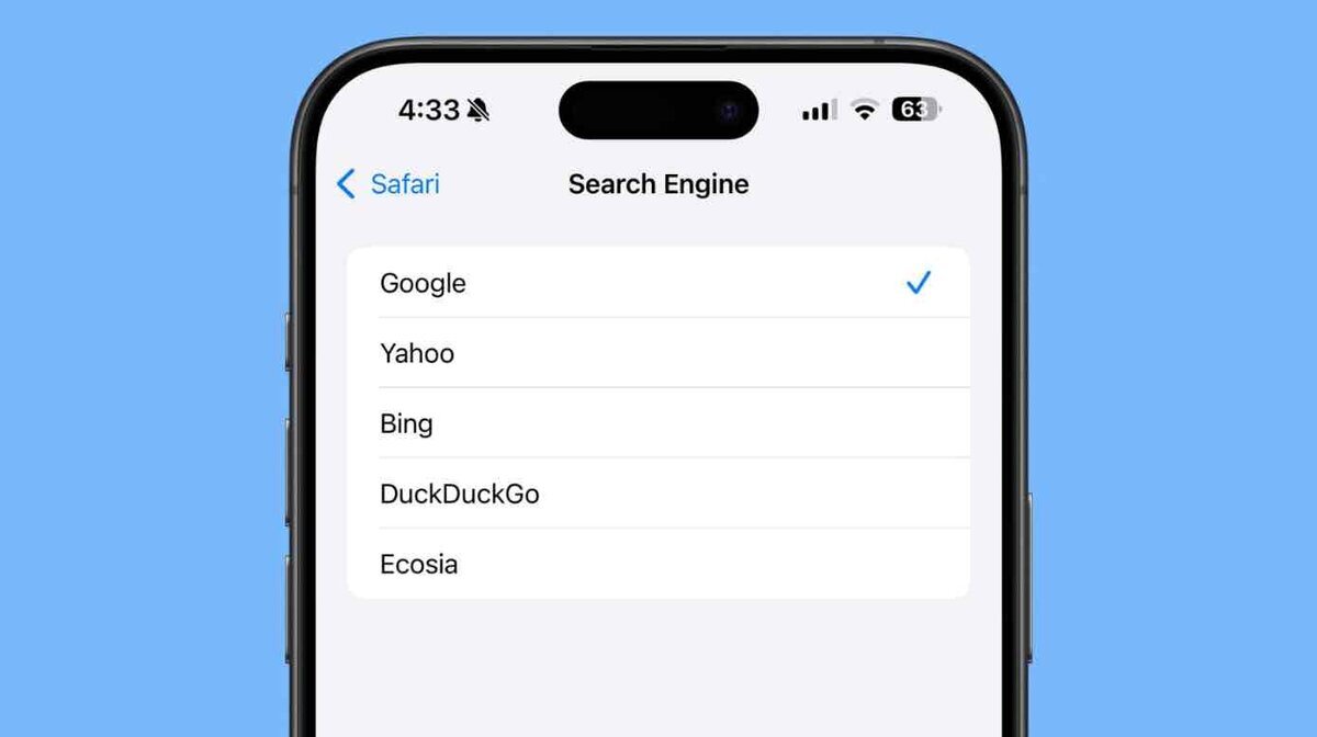iOSのSafari設定画面に表示された検索エンジンの選択リスト。Google、Yahoo、Bing、DuckDuckGo、Ecosiaの5つの選択肢が並び、Googleがチェックマークで選択されている様子