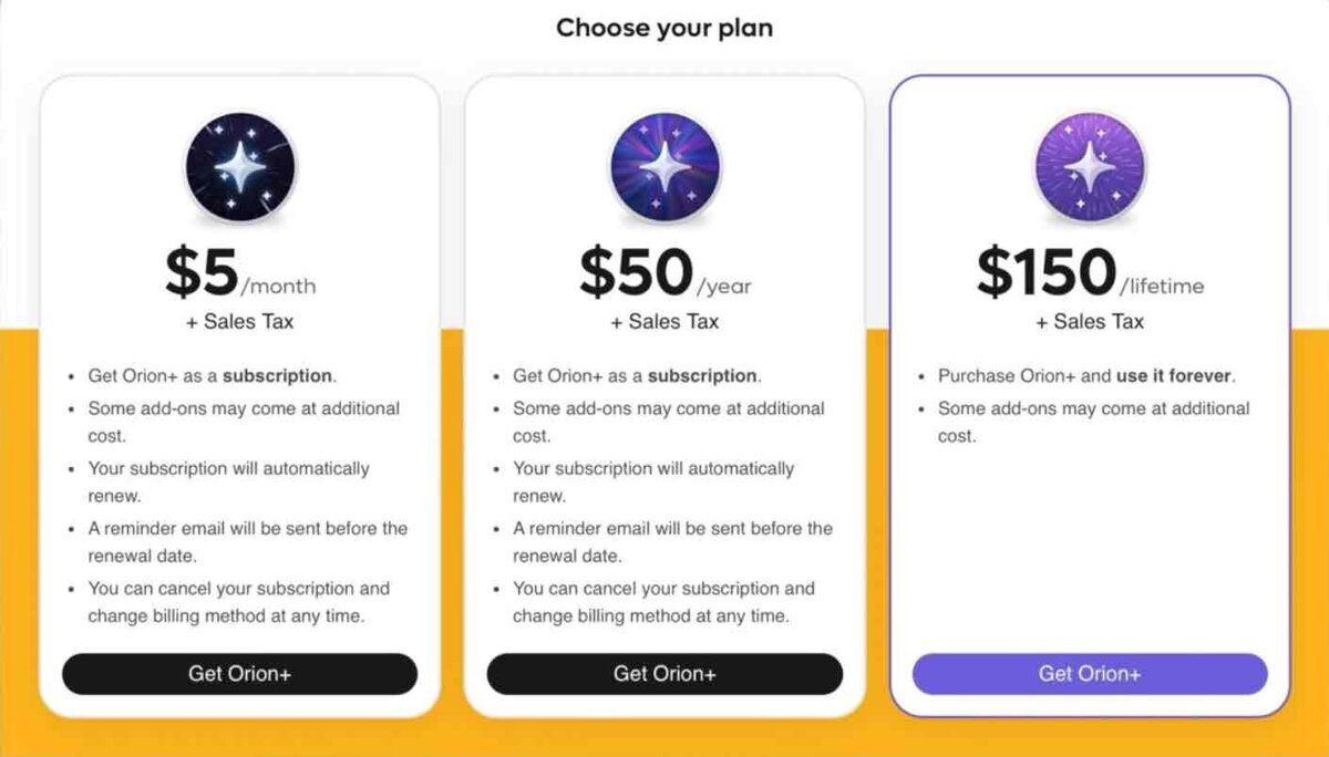 Orion+の料金プラン。月額$5、年額$50、買い切り$150の3種類が並んでいる価格表。各プランにサブスクリプション更新や追加アドオンに関する説明が記載されている
