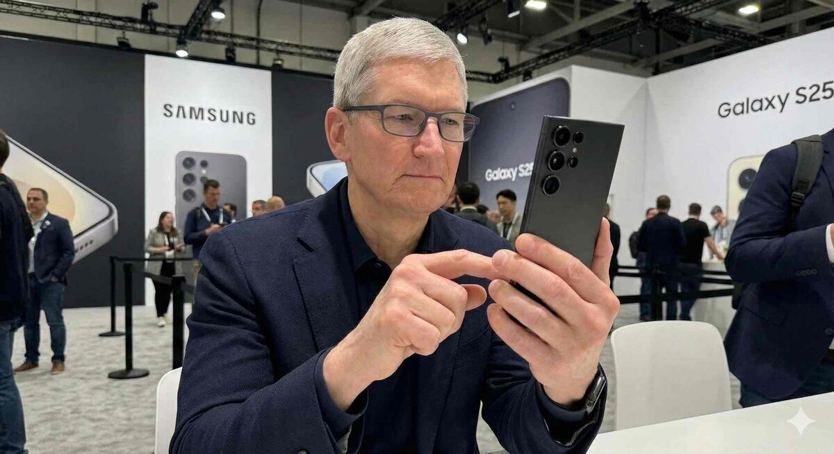 Galaxyの展示会場で、サムスンのスマートフォンを操作しながらチェックする男性。背後にはSamsungロゴとGalaxy Sシリーズの大型パネルが並んでいる