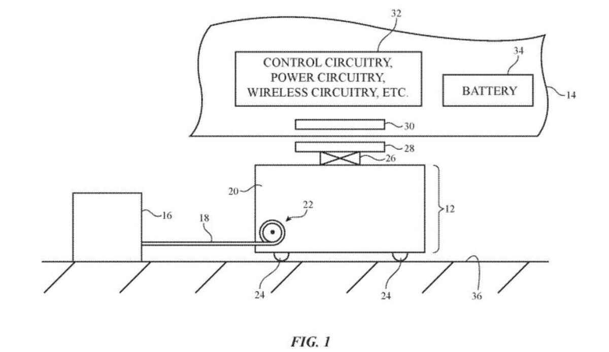 Appleが出願した自動充電ロボットに関する特許図。車体下に潜り込むロボットが、無線・有線の充電モジュールに接続する仕組みを表している。