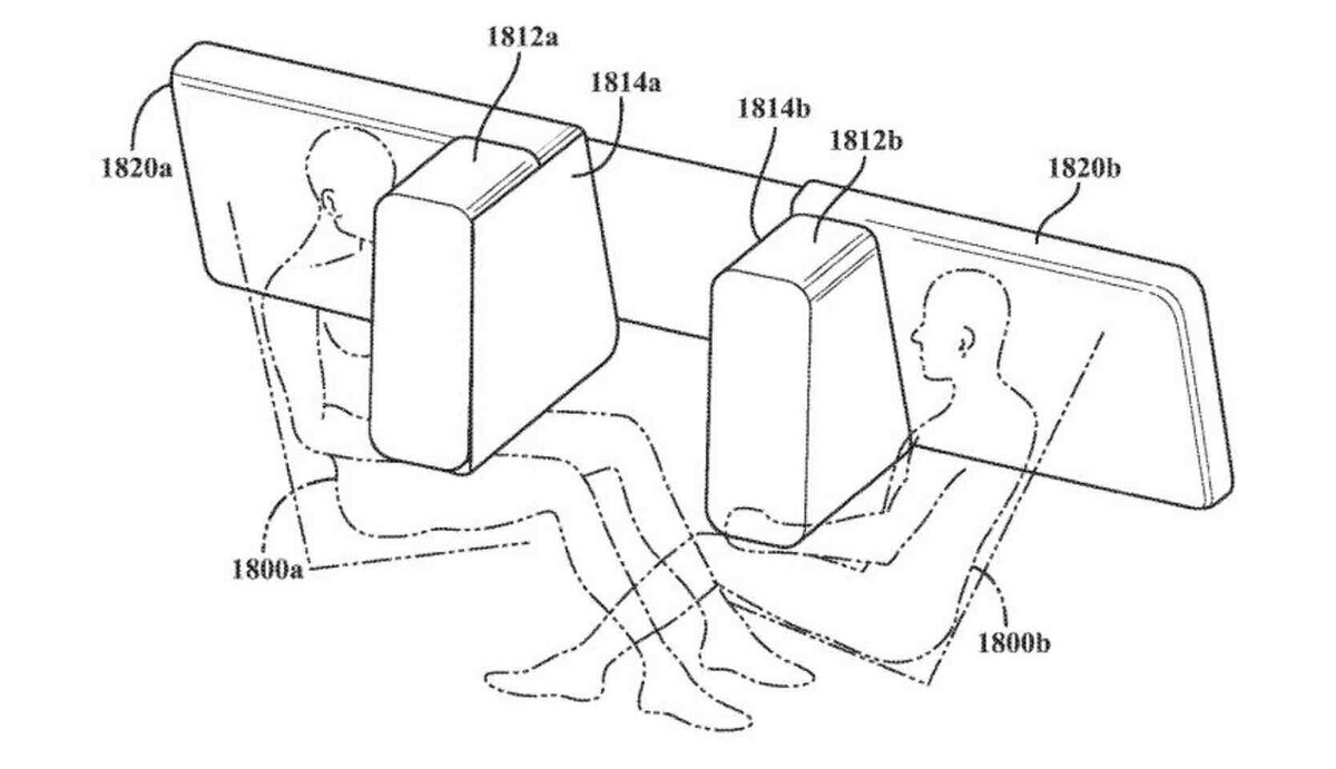 Appleが特許で示した自動車用の“エアバッグ式仕切り”の概念図。衝突時に座席の間へ膨張し、乗員同士の衝突を防ぐ構造が描かれている。