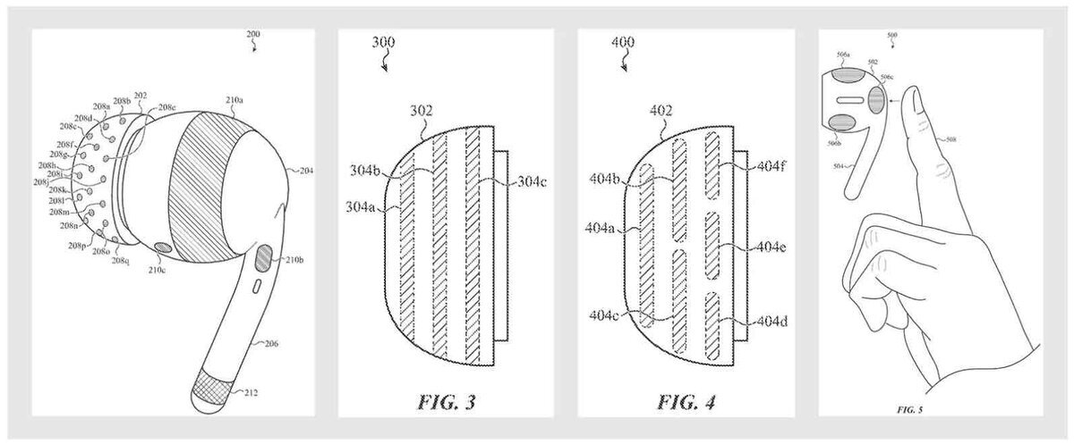 Appleの特許図面に描かれたAirPodsの耳内センサー配置や複数電極構造、タップ操作時の動作を示す技術イラスト