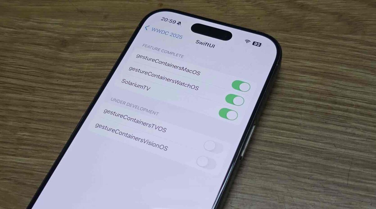 iPhone試作機の内部設定画面に表示されたSwiftUI向けフラグ一覧。macOS・watchOS向けジェスチャーコンテナやSolariumTVが有効化され、tvOS・visionOS向けは“開発中”として無効化されている様子