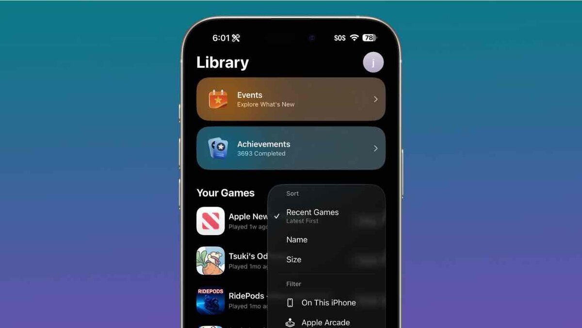 iOS 26.2でゲームアプリをサイズ順に並べ替えられるようになった新しいライブラリ画面を表示するiPhone