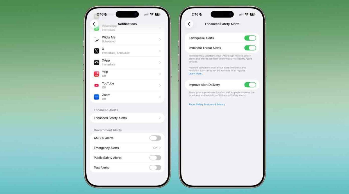 「iOS 26.2で追加された“強化された安全通知”の設定画面と、地震警報や脅威アラートを切り替えるiPhoneの画面