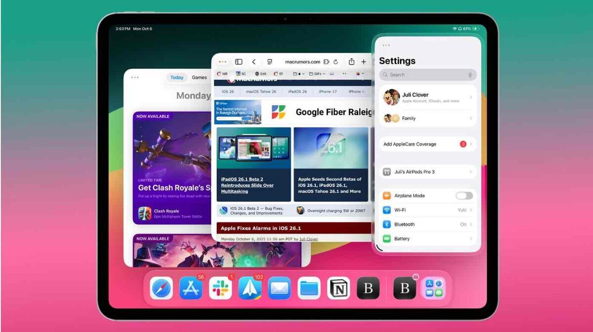 iPadOS 26.2で再び追加されたSplit ViewやSlide Overのマルチタスク操作を表示するiPadの画面イメージ