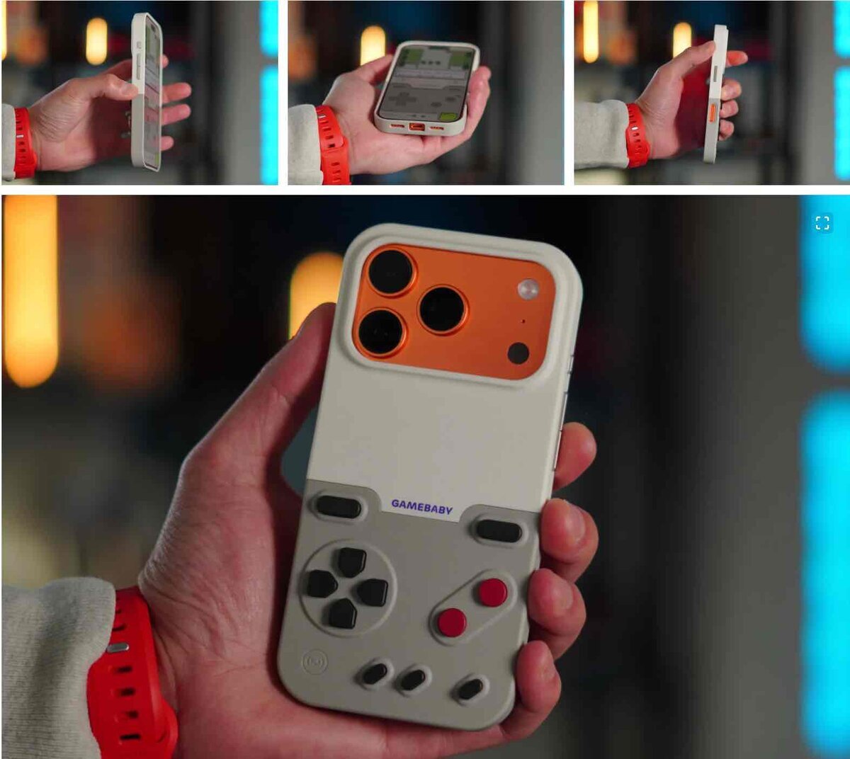 GAMEBABYケースを装着したiPhoneを手に持ち、前面・側面・背面のデザインや物理ボタン配置を多角的に撮影したコラージュ。背面にはレトロゲーム機風のボタンレイアウトがあり、ケースの質感やカメラ周りの形状が分かる。