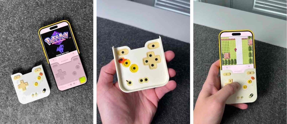 GAMEBABYケースのボタンパネルを取り外した状態と、iPhoneでポケモンを起動している画面、装着後に物理ボタンでゲームを操作している様子を写した3枚の写真。内部の構造やボタン配置、使用シーンが分かる。
