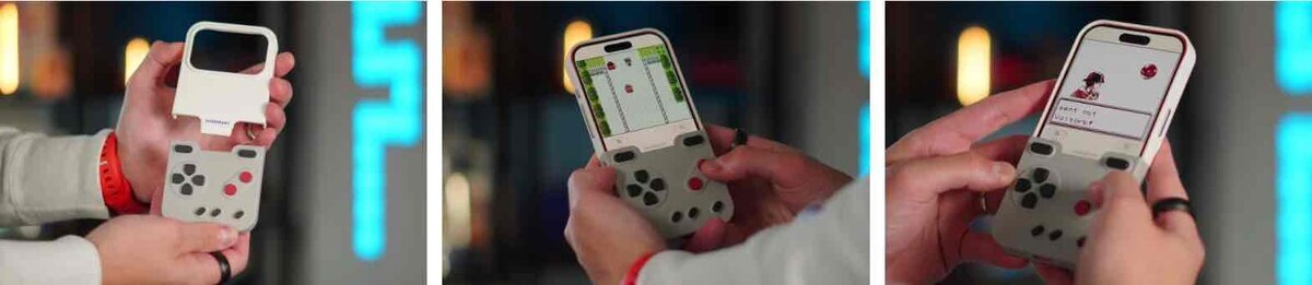 GAMEBABYケースの下部ボタンパネルをスライド装着する様子と、装着後にiPhoneでレトロゲームをプレイしているシーン。物理ボタン操作でアクションゲームやRPGを楽しむ様子が分かる3枚の連続写真。