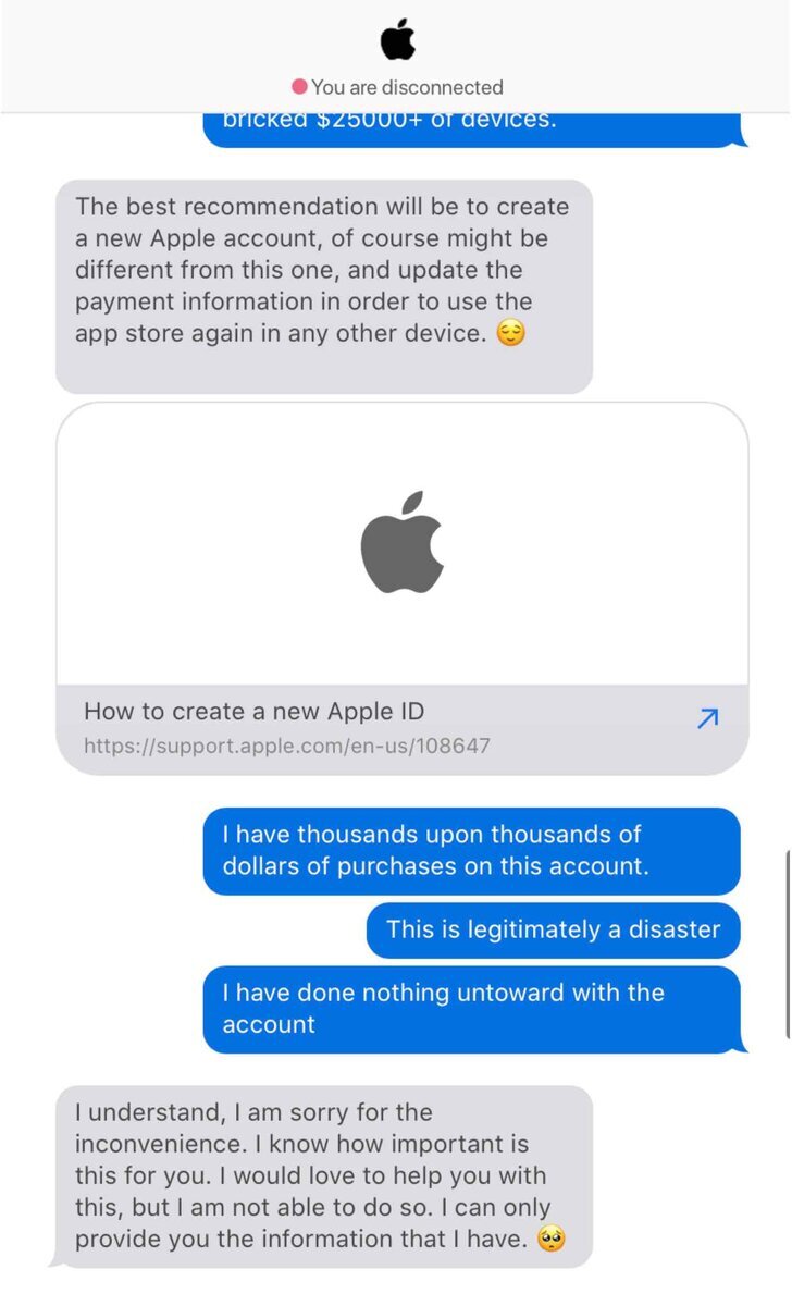 Appleサポートとのチャット画面で、『新しいAppleアカウントを作成して支払い情報を更新するのが最善』と案内され、ユーザーが購入資産の喪失を訴えているやり取り