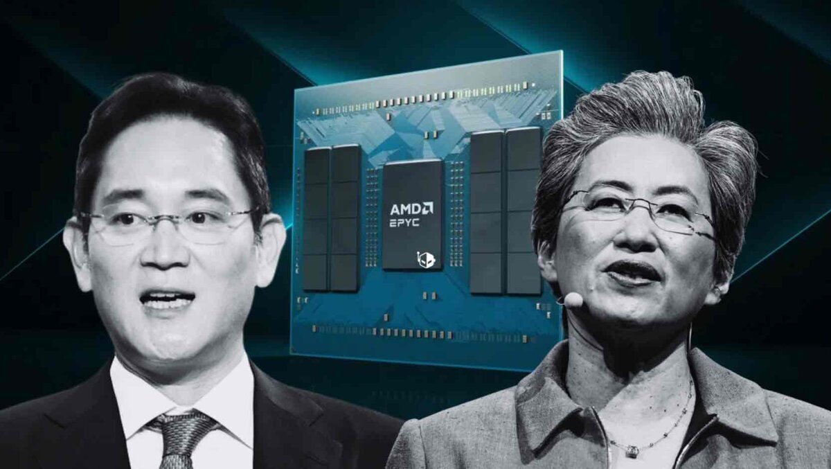 AMDのデータセンター向けCPU『EPYC』のチップイメージを中央に、AMD幹部とSamsung幹部の写真を左右に配置した合成ビジュアル