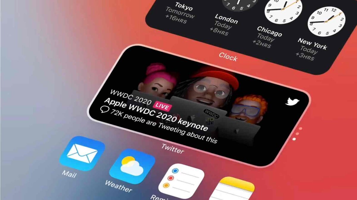 iOS 14発表時のWWDC 2020キーノート映像に登場した、Twitterアプリのホーム画面ウィジェットのイメージ画面