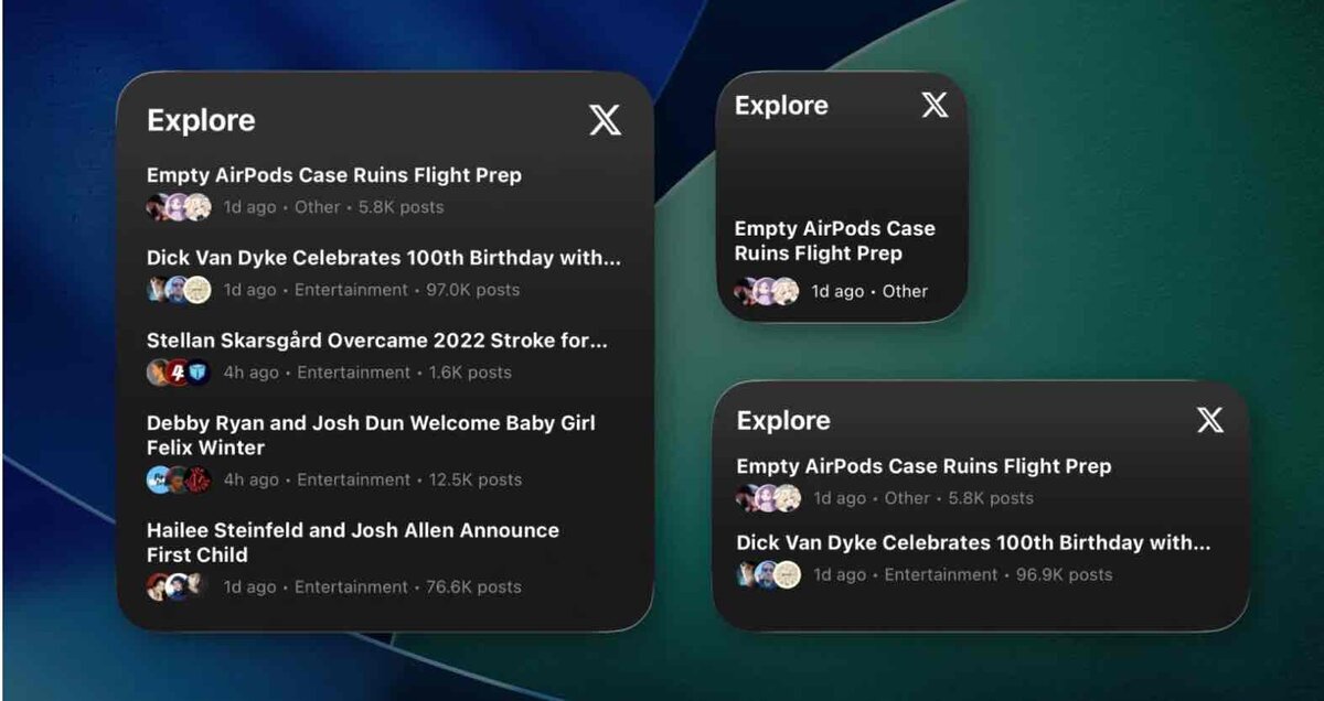 iPhoneのホーム画面上に配置されたXアプリの「Explore」ウィジェットで、トレンドニュースの見出しを一覧表示している大・中・小サイズの表示例