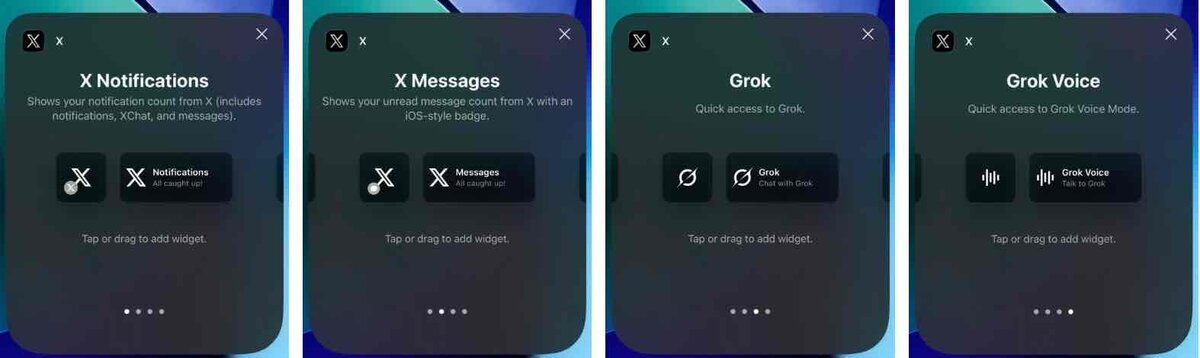iPhoneのロック画面用に追加されたXアプリのウィジェット選択画面で、「X Notifications」「X Messages」「Grok」「Grok Voice」の4種類が並んで表示されている様子