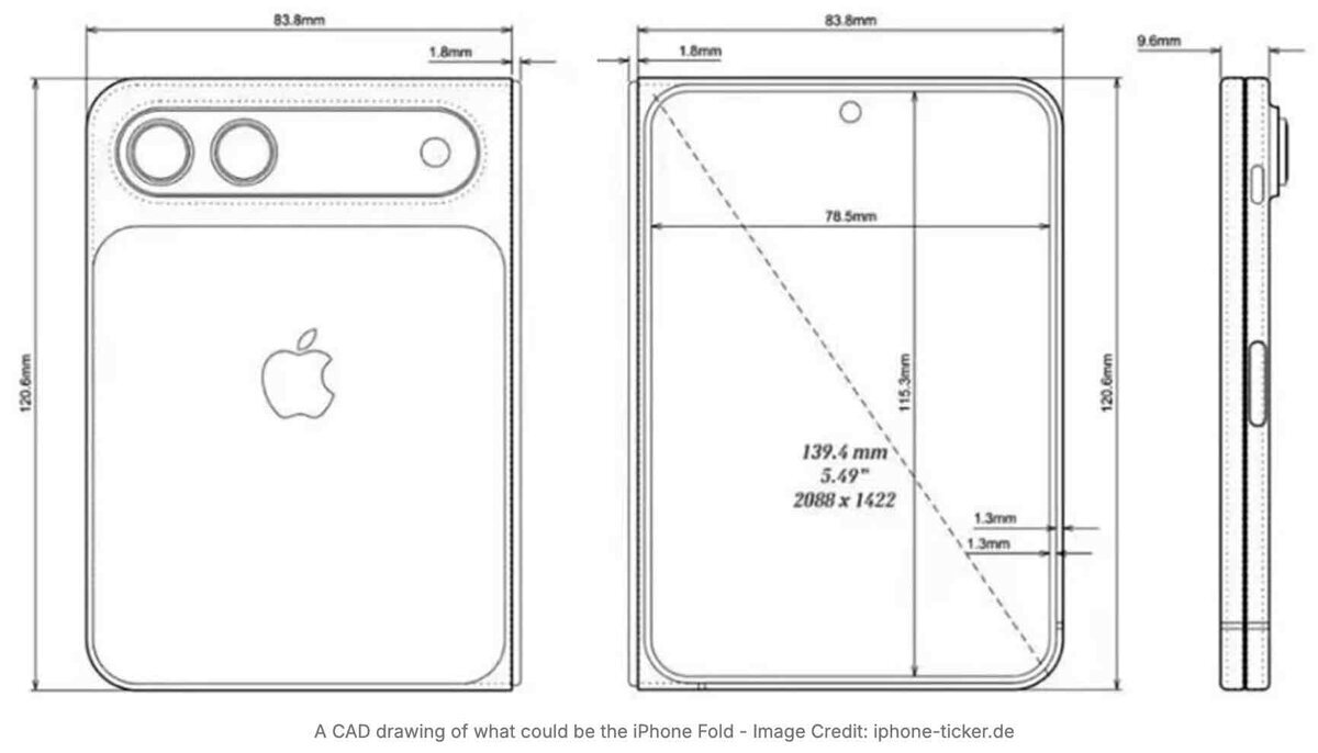 iPhone Foldとみられる折りたたみiPhoneのCAD図面。外側と内側の正面図・側面図が描かれ、幅83.8mm、高さ120.6mm、厚さ9.6mm（折りたたみ時）などの寸法や、外側ディスプレイ約5.5インチ（2088×1422）の表記が示されている。