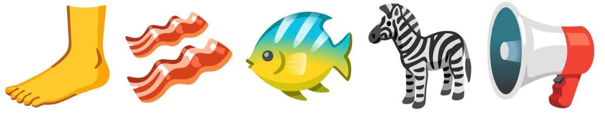 Android 16 QPR3ベータで変更された絵文字の例。足、ベーコン、熱帯魚、シマウマ、メガホンなど複数のオブジェクト系・動物系絵文字が並んでいる
