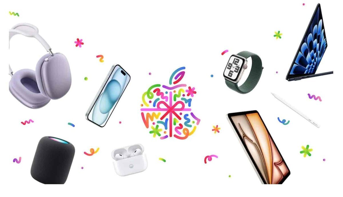 Apple初売りをイメージしたビジュアル。iPhone、iPad、MacBook、Apple Watch、AirPods、HomePod、Apple Pencil、AirPods MaxなどのApple製品が、カラフルな初売りモチーフの周囲に配置されている。