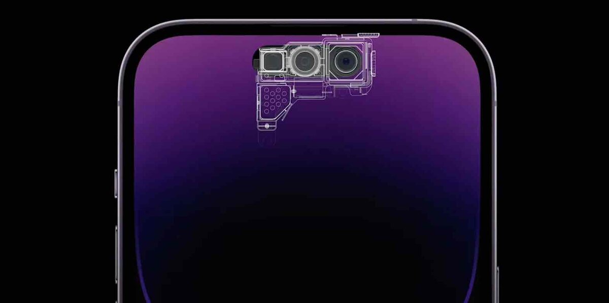 iPhone 18 Proの噂を示すイメージ。画面上部に、ディスプレイ下へ移動するとされるFace ID関連コンポーネントとカメラ構造を透過表示で重ねた図。